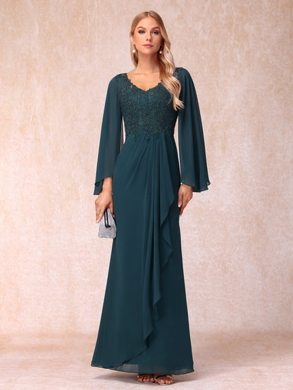 Bainha/Coluna Decote Em V Mangas Compridas Vestidos de Noite Formais Longos com Lantejoulas e Apliques