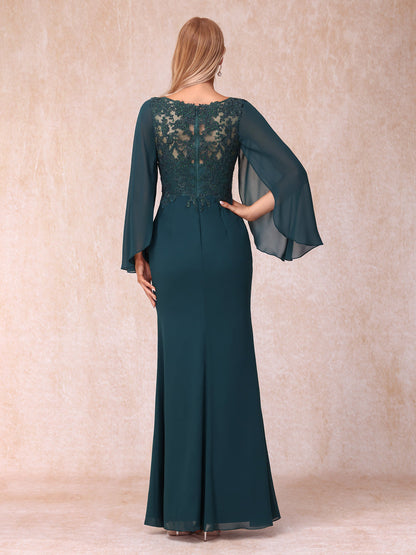 Bainha/Coluna Decote Em V Mangas Compridas Vestidos de Noite Formais Longos com Lantejoulas e Apliques