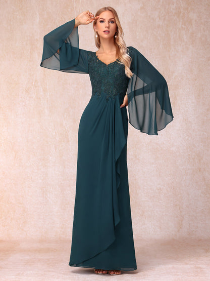 Bainha/Coluna Decote Em V Mangas Compridas Vestidos de Noite Formais Longos com Lantejoulas e Apliques
