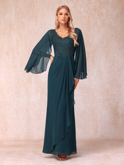 Bainha/Coluna Decote Em V Mangas Compridas Vestidos de Noite Formais Longos com Lantejoulas e Apliques