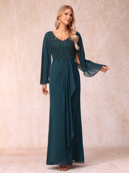 Bainha/Coluna Decote Em V Mangas Compridas Vestidos de Noite Formais Longos com Lantejoulas e Apliques