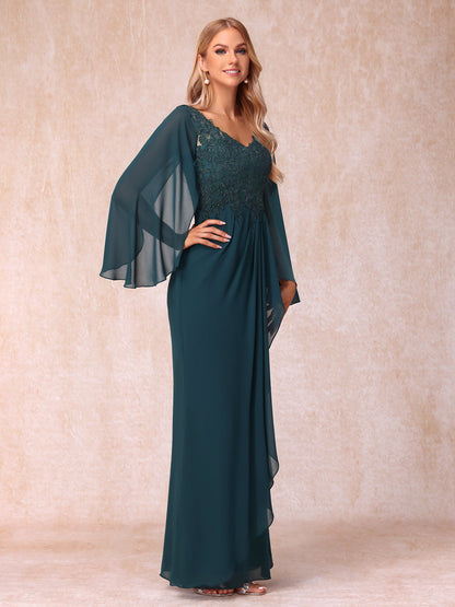 Bainha/Coluna Decote Em V Mangas Compridas Vestidos de Noite Formais Longos com Lantejoulas e Apliques