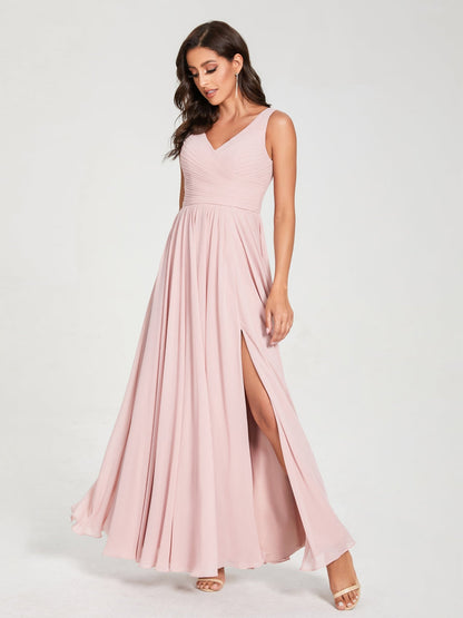Princesa/Formato A Decote Em V Sem Mangas com Pregas Até Ao Chão Vestidos de Madrinha
