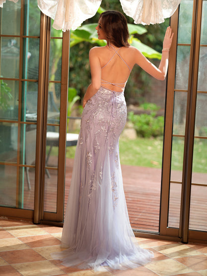 Trompete/Sereia Alças Finas Applique Tule Vestidos de Baile Longos