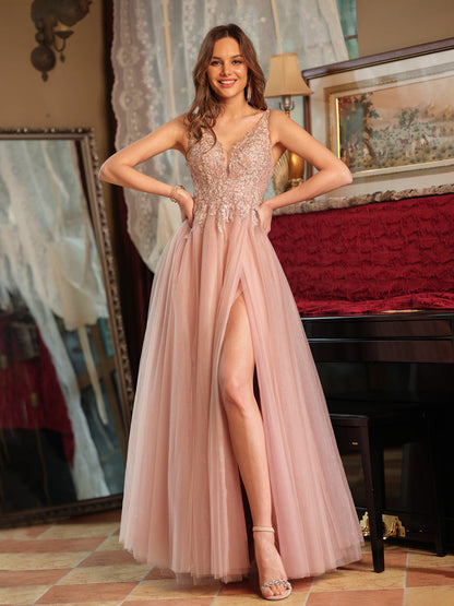 Corte A/Princesa Decote Em V Tule Apliques Laterais Longos Vestidos de Baile