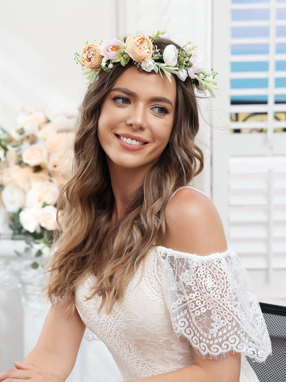 Coroas de Flores de Casamento Artificiais de 3 Cores com Fita Champanhe