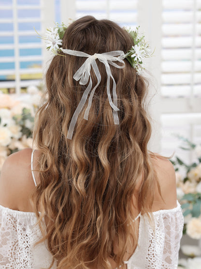 Coroas de Flores Brancas Artificiais para Casamento com Faixa de Tule