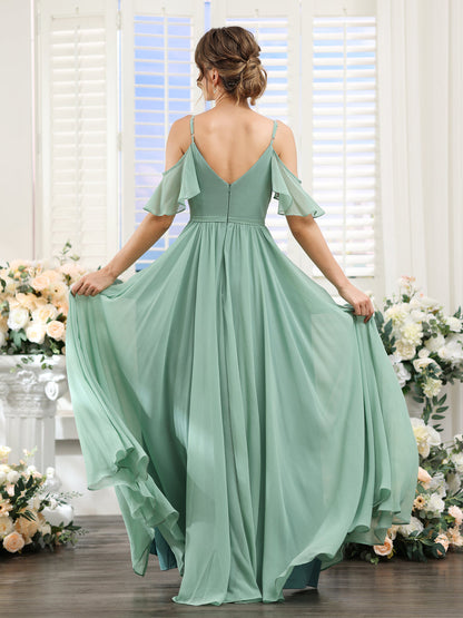 Vestidos de Dama de Honra Em Chiffon Linha A com Alças Finas e Mangas Curtas Divididas