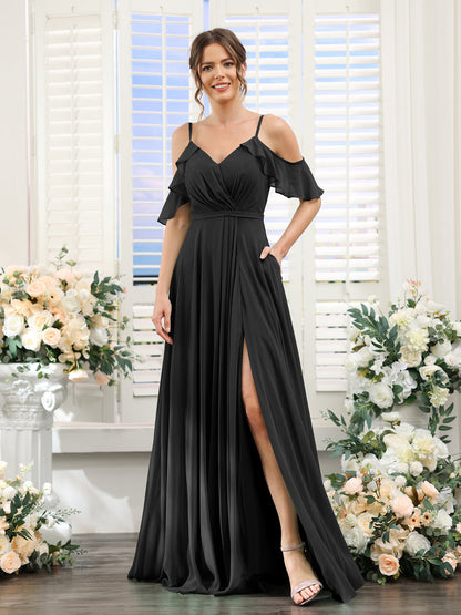 Vestidos de Dama de Honra Em Chiffon Linha A com Alças Finas e Mangas Curtas Divididas