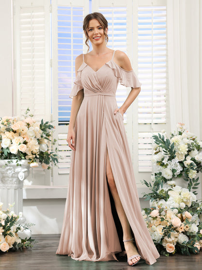 Vestidos de Dama de Honra Em Chiffon Linha A com Alças Finas e Mangas Curtas Divididas
