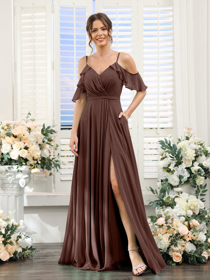 Vestidos de Dama de Honra Em Chiffon Linha A com Alças Finas e Mangas Curtas Divididas