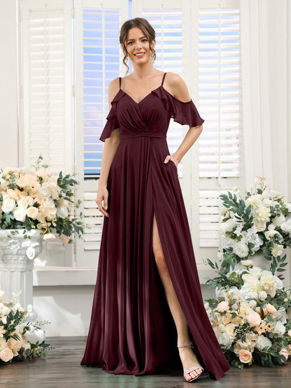 Vestidos de Dama de Honra Em Chiffon Linha A com Alças Finas e Mangas Curtas Divididas