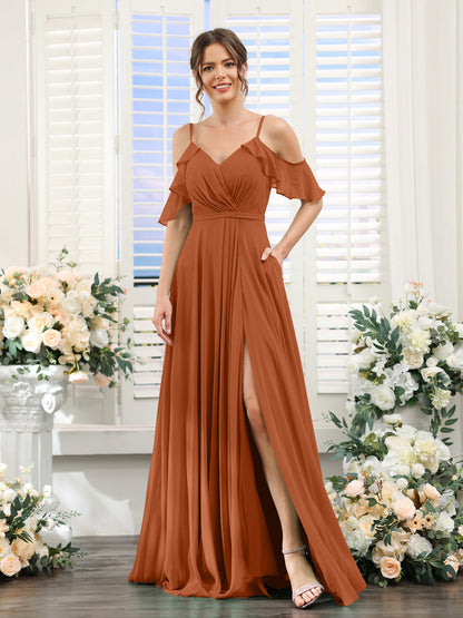 Vestidos de Dama de Honra Em Chiffon Linha A com Alças Finas e Mangas Curtas Divididas
