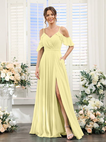 Vestidos de Dama de Honra Em Chiffon Linha A com Alças Finas e Mangas Curtas Divididas