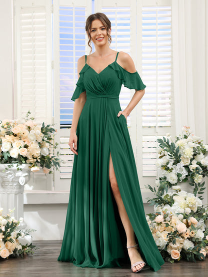 Vestidos de Dama de Honra Em Chiffon Linha A com Alças Finas e Mangas Curtas Divididas