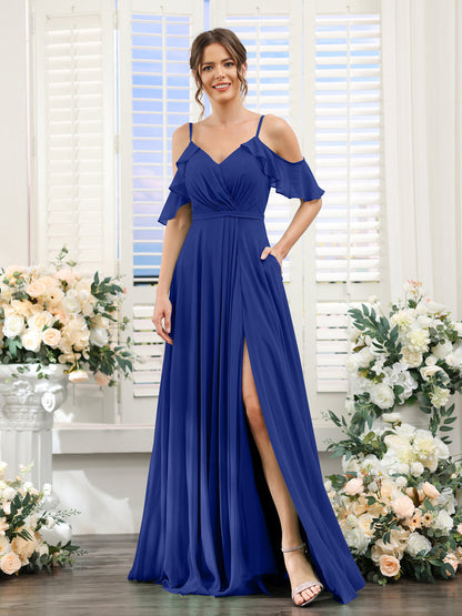 Vestidos de Dama de Honra Em Chiffon Linha A com Alças Finas e Mangas Curtas Divididas