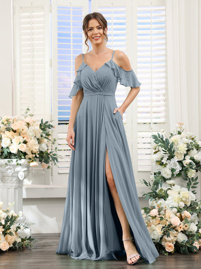 Vestidos de Dama de Honra Em Chiffon Linha A com Alças Finas e Mangas Curtas Divididas