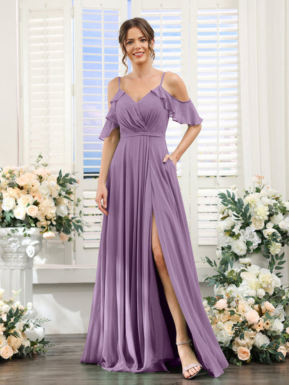 Vestidos de Dama de Honra Em Chiffon Linha A com Alças Finas e Mangas Curtas Divididas