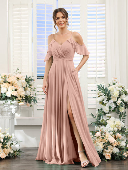 Vestidos de Dama de Honra Em Chiffon Linha A com Alças Finas e Mangas Curtas Divididas