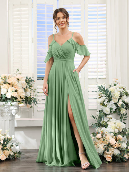 Vestidos de Dama de Honra Em Chiffon Linha A com Alças Finas e Mangas Curtas Divididas