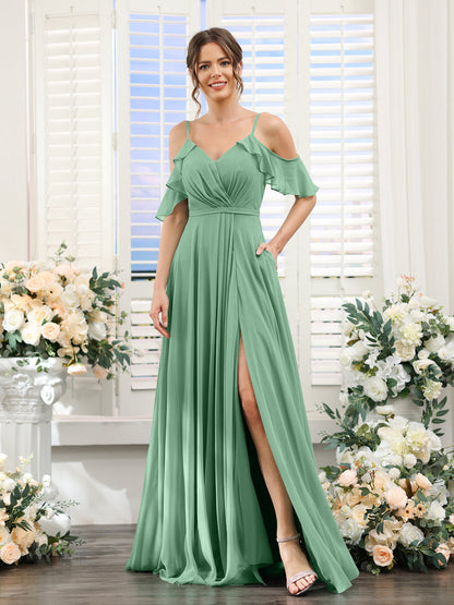 Vestidos de Dama de Honra Em Chiffon Linha A com Alças Finas e Mangas Curtas Divididas