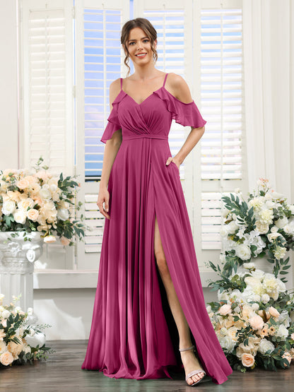 Vestidos de Dama de Honra Em Chiffon Linha A com Alças Finas e Mangas Curtas Divididas