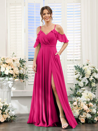 Vestidos de Dama de Honra Em Chiffon Linha A com Alças Finas e Mangas Curtas Divididas