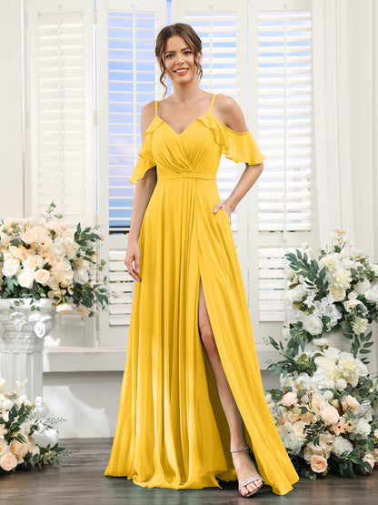 Vestidos de Dama de Honra Em Chiffon Linha A com Alças Finas e Mangas Curtas Divididas