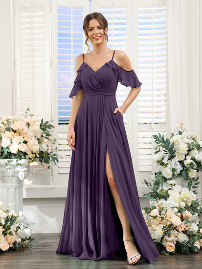 Vestidos de Dama de Honra Em Chiffon Linha A com Alças Finas e Mangas Curtas Divididas
