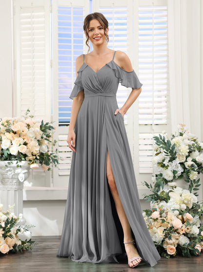 Vestidos de Dama de Honra Em Chiffon Linha A com Alças Finas e Mangas Curtas Divididas
