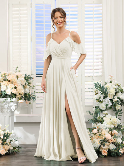 Vestidos de Dama de Honra Em Chiffon Linha A com Alças Finas e Mangas Curtas Divididas