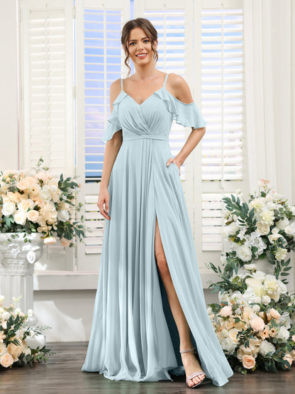 Vestidos de Dama de Honra Em Chiffon Linha A com Alças Finas e Mangas Curtas Divididas