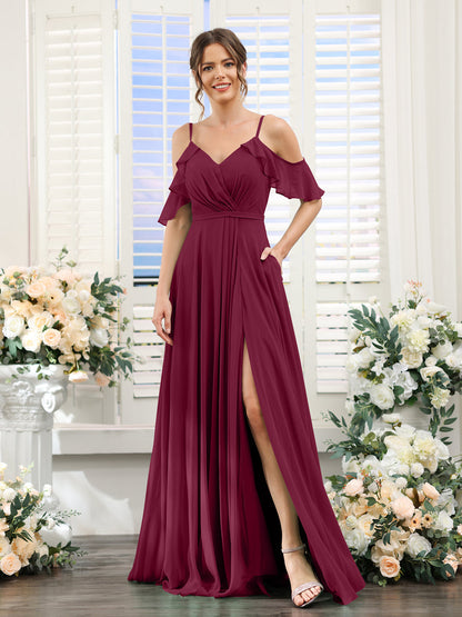 Vestidos de Dama de Honra Em Chiffon Linha A com Alças Finas e Mangas Curtas Divididas