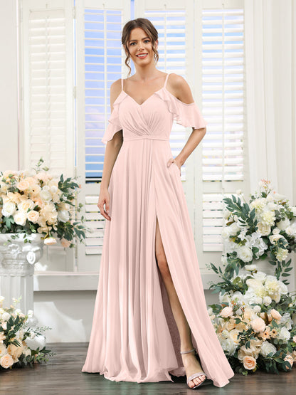 Vestidos de Dama de Honra Em Chiffon Linha A com Alças Finas e Mangas Curtas Divididas