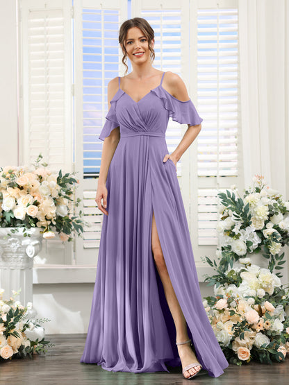 Vestidos de Dama de Honra Em Chiffon Linha A com Alças Finas e Mangas Curtas Divididas