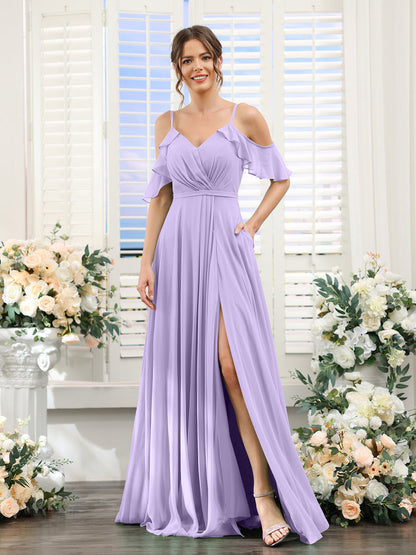 Vestidos de Dama de Honra Em Chiffon Linha A com Alças Finas e Mangas Curtas Divididas