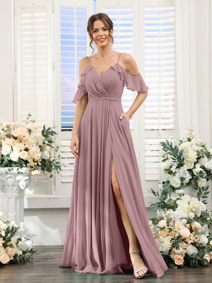 Vestidos de Dama de Honra Em Chiffon Linha A com Alças Finas e Mangas Curtas Divididas