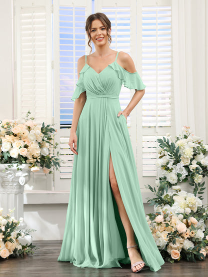Vestidos de Dama de Honra Em Chiffon Linha A com Alças Finas e Mangas Curtas Divididas