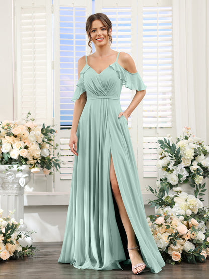 Vestidos de Dama de Honra Em Chiffon Linha A com Alças Finas e Mangas Curtas Divididas