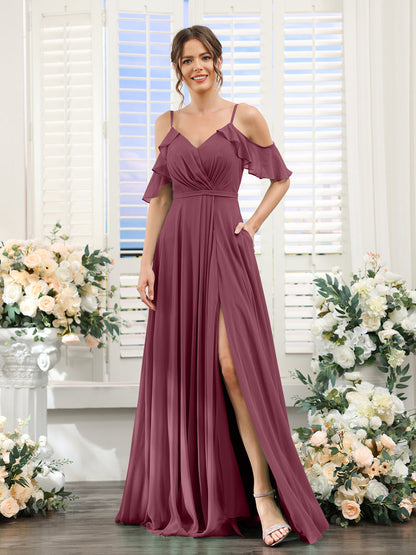 Vestidos de Dama de Honra Em Chiffon Linha A com Alças Finas e Mangas Curtas Divididas