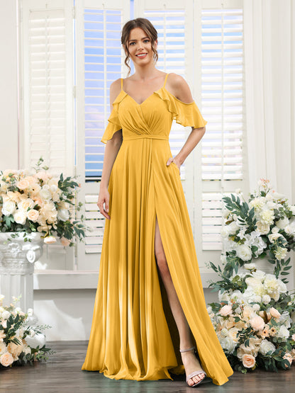 Vestidos de Dama de Honra Em Chiffon Linha A com Alças Finas e Mangas Curtas Divididas