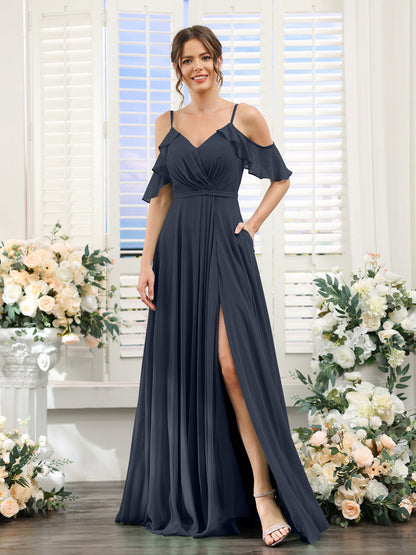 Vestidos de Dama de Honra Em Chiffon Linha A com Alças Finas e Mangas Curtas Divididas