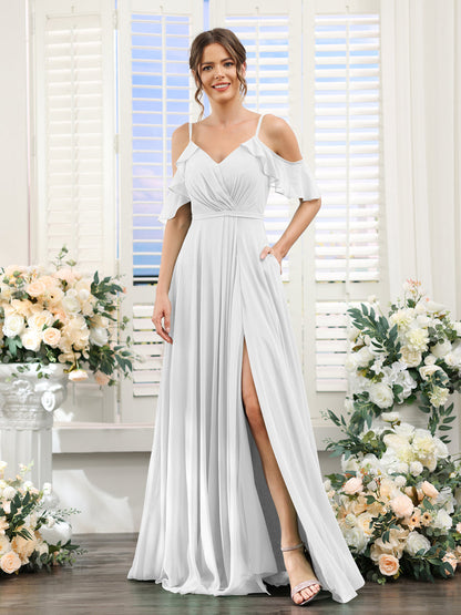 Vestidos de Dama de Honra Em Chiffon Linha A com Alças Finas e Mangas Curtas Divididas