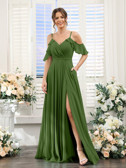 Vestidos de Dama de Honra Em Chiffon Linha A com Alças Finas e Mangas Curtas Divididas