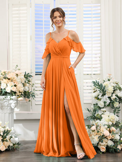 Vestidos de Dama de Honra Em Chiffon Linha A com Alças Finas e Mangas Curtas Divididas