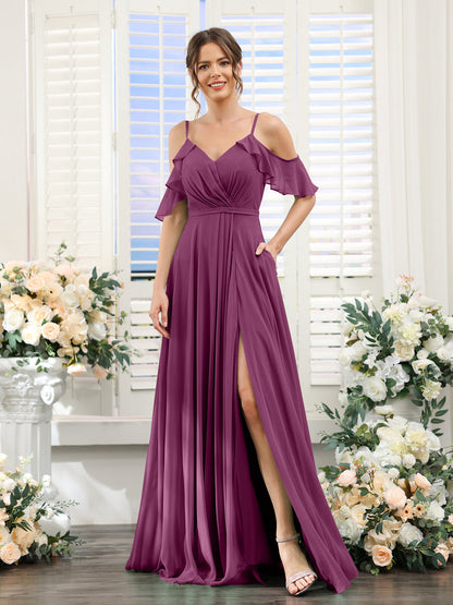 Vestidos de Dama de Honra Em Chiffon Linha A com Alças Finas e Mangas Curtas Divididas