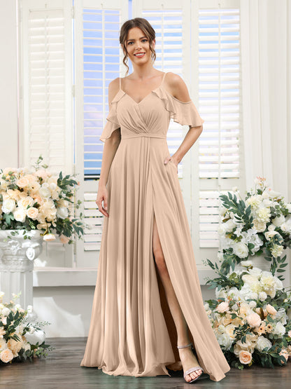 Vestidos de Dama de Honra Em Chiffon Linha A com Alças Finas e Mangas Curtas Divididas