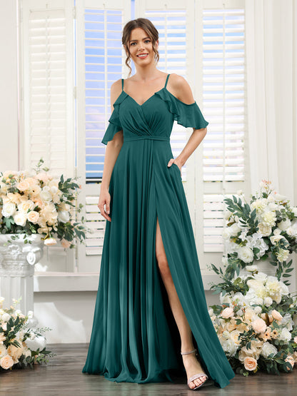 Vestidos de Dama de Honra Em Chiffon Linha A com Alças Finas e Mangas Curtas Divididas