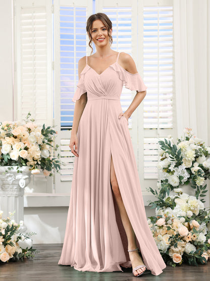 Vestidos de Dama de Honra Em Chiffon Linha A com Alças Finas e Mangas Curtas Divididas