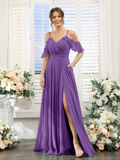 Vestidos de Dama de Honra Em Chiffon Linha A com Alças Finas e Mangas Curtas Divididas